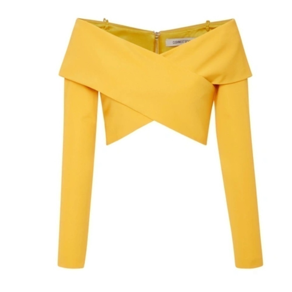 CUSHNIE ET OCHS Issa Yellow Off-The-Shoulder Cross Panel Crop Top SzM /US6